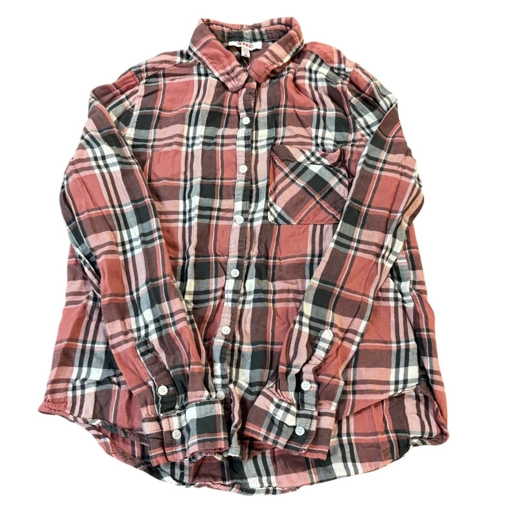 BONGO Womens M Red Black Plaid Flannel Button Down Shirt Long Sleeve Pocket